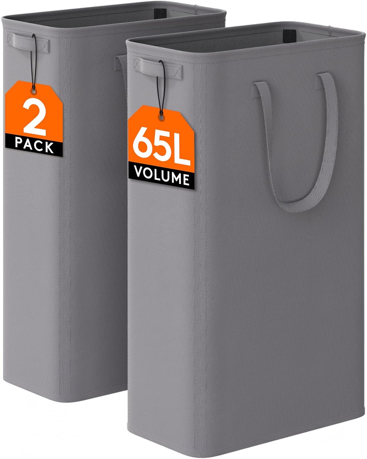 Lifewit 2 Pack Slim Laundry Hamper, Collapsible Narrow Laundry Basket, Small Tall Dirty Clothes Hampers with Handles for Bathroom Bedroom College Dorm, Grey, 65L