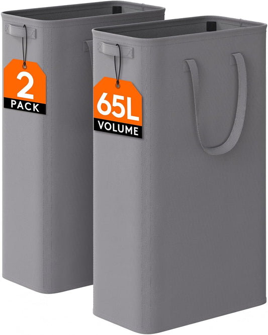 Lifewit 2 Pack Slim Laundry Hamper, Collapsible Narrow Laundry Basket, Small Tall Dirty Clothes Hampers with Handles for Bathroom Bedroom College Dorm, Grey, 65L