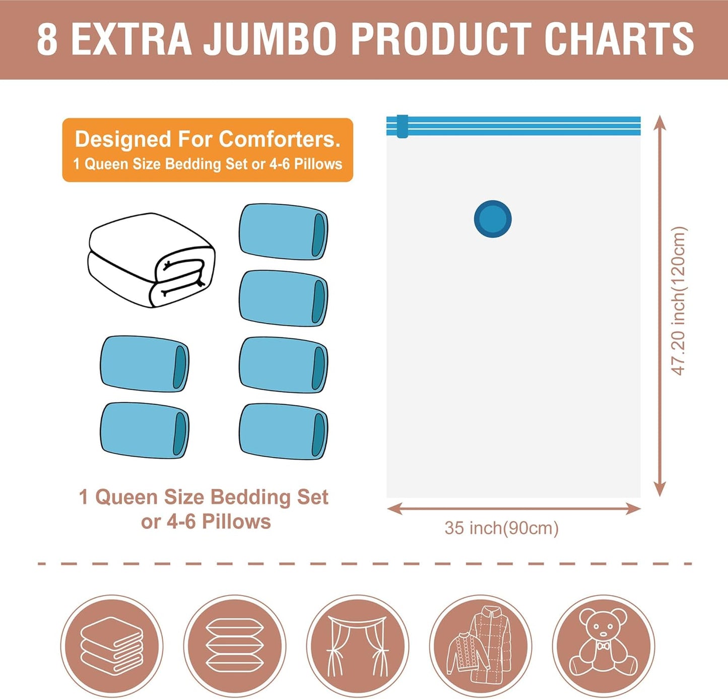 8 Pack XXL Jumbo Vacuum Storage Bags, Extra Large Vacuum Seal Bags for Comforters, Bedding, Blanket Storage, Giant Space Saver Bags for Huge Stuffed Toy(47.2x35 in)