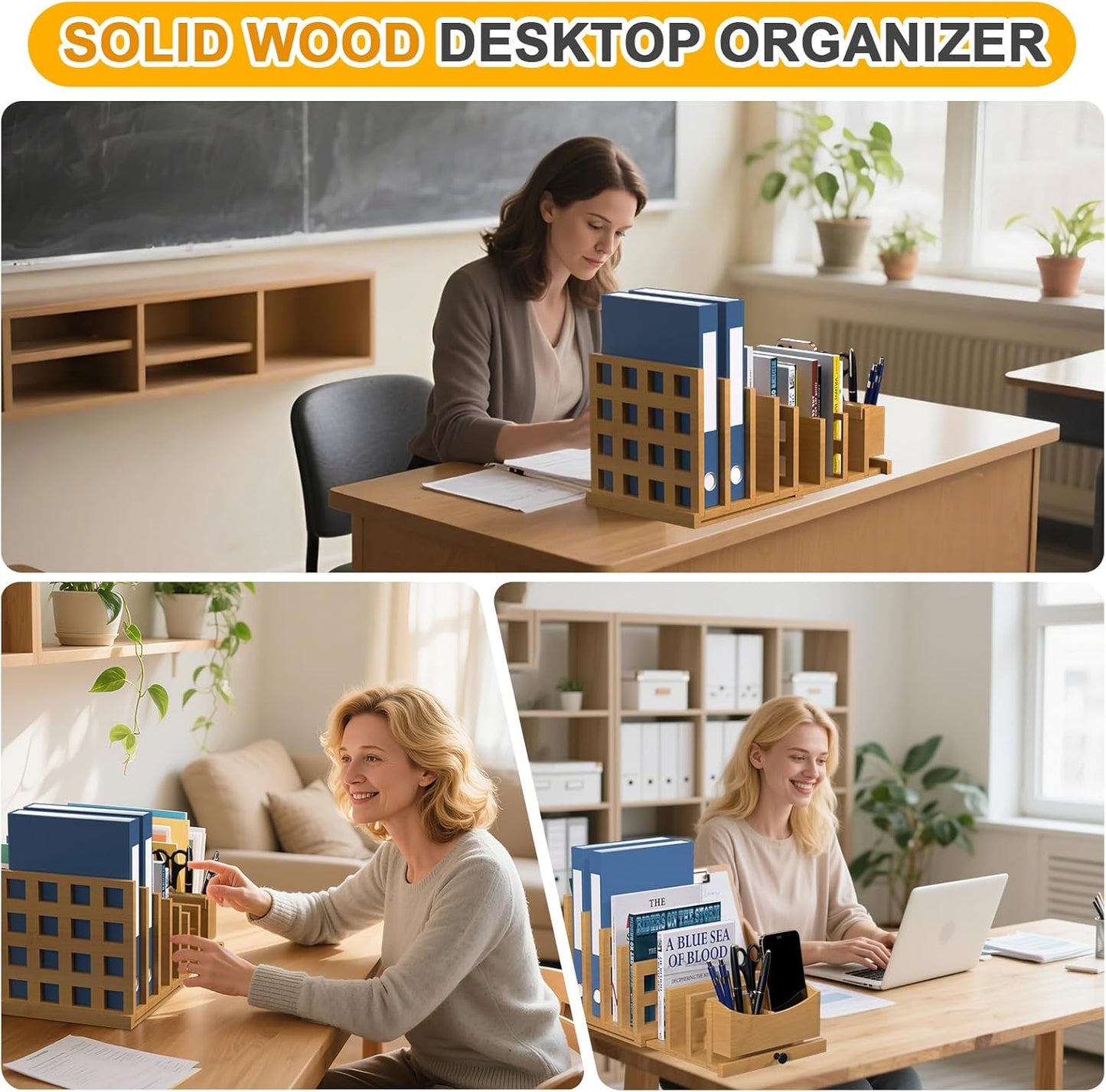 AO LI GEI Wood File Mail Organizer,Expandable Desktop Organizer Paper Sorter Pull Out from 4 to 7 Slots with Hanging Storage Box & Phone Stand,File Holders for Office Desk Home & School ﻿