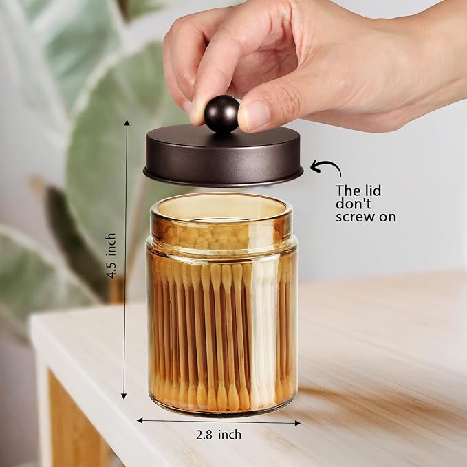 Amolliar Bronze Glass Apothecary Jar With Metal Lid & Stickers, Bathroom Qtip Holder Dispenser Storage Canister, Perfect for Cotton Balls, Cotton Swabs, Makeup Pads, Bath Salt, Floss, 2 Pack (Bronze)