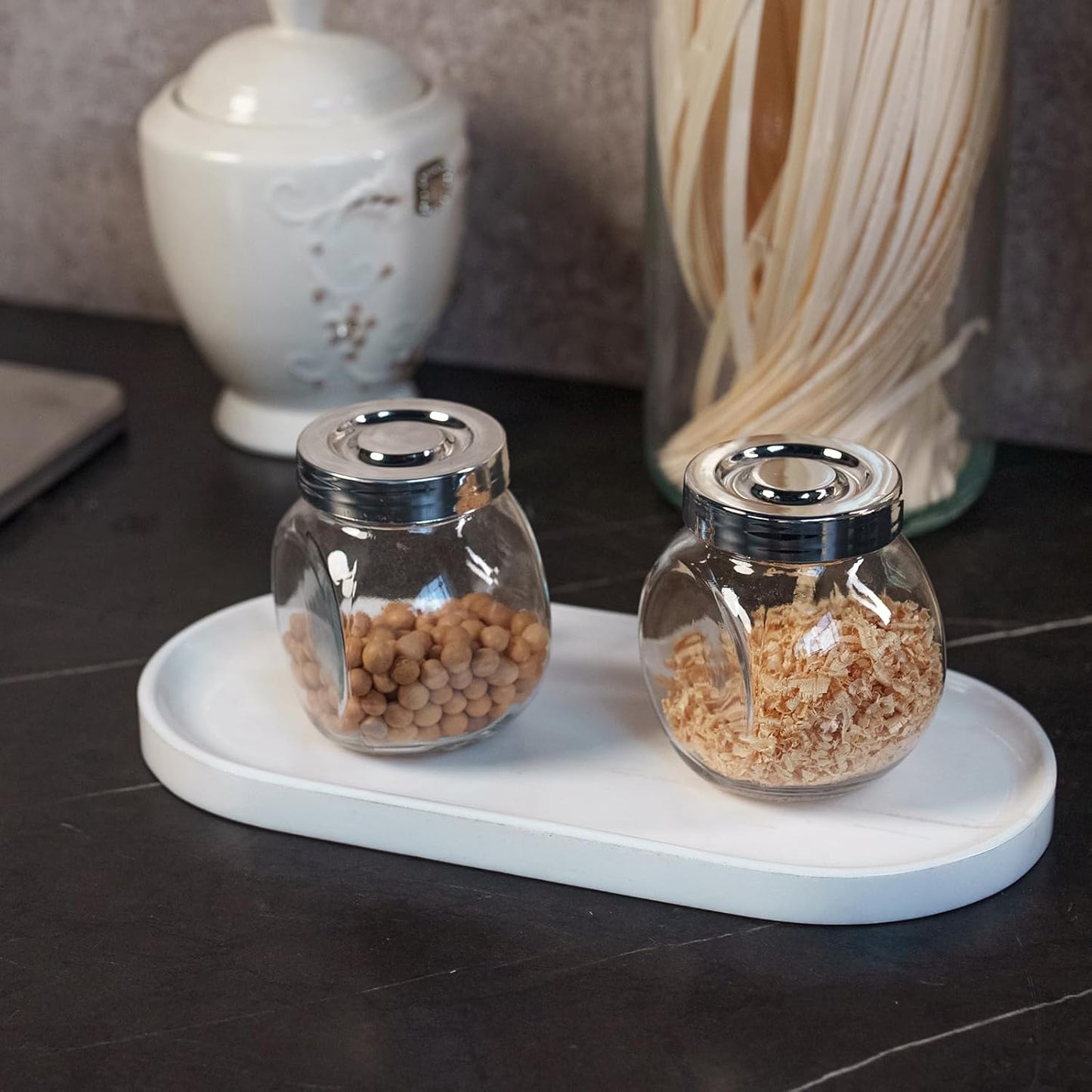 Marble Tray 9.8”x4.7”x0.6”| Oval Stone Tray for Kitchen Counter, Bathroom Vanity & Jewelry Organization – Natural Durable Marble Design (Star White)‌