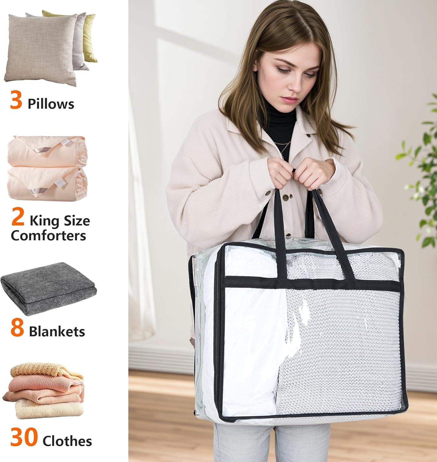 Budding Joy Clear Zippered Storage Bags for Clothes,40L Closet Organizers and Storage Containers Vinyl Moving Bag for Bedding, Linen, Blankets, Comforters, Clothing & Toys, Black, 2 Pack