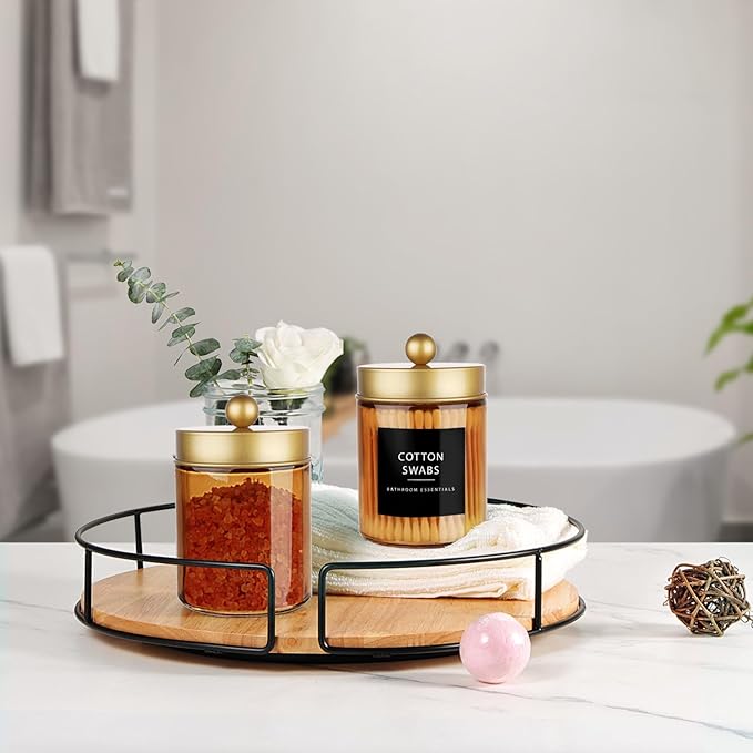 Amolliar Bronze Glass Apothecary Jar, Qtip Holder Metal Lid & Stickers, Bathroom Qtip Dispenser Storage Canister, Perfect for Cotton Balls, Cotton Swabs, Makeup Pads, Bath Salt, Floss, 4 Pack (Gold)