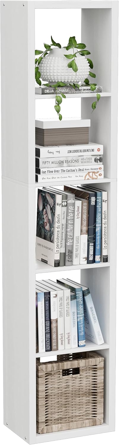 Tall Cube Storage Organizer Bookcase, 5 Tier 11 inch Open Back Cubical Shelf with Thickened Border, Display Bookshelf for Living Room, Home Office, Sturdy Room (White, 5 Cube,Vertical)