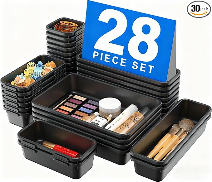 A-LuGei 【𝟮𝟴𝗣𝗖𝗦】 【𝟱𝗦𝗶𝘇𝗲】 Black Drawer Organizer, Makeup organizer, 【Holds 177 Items】 Bathroom Organizers and Storage, Plastic Desk Organizer Divider, Organizer Bins for Office Vanity