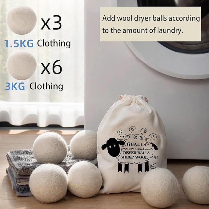 6 Pack Wool Dryer Balls Laundry Reusable Anti Static, Cotton Balls Wool Laundry Balls for Dryer Reduces Clothing Wrinkles Natural Fabric Softener Last 1000+ Loads (White, 2.75 in/7 cm)