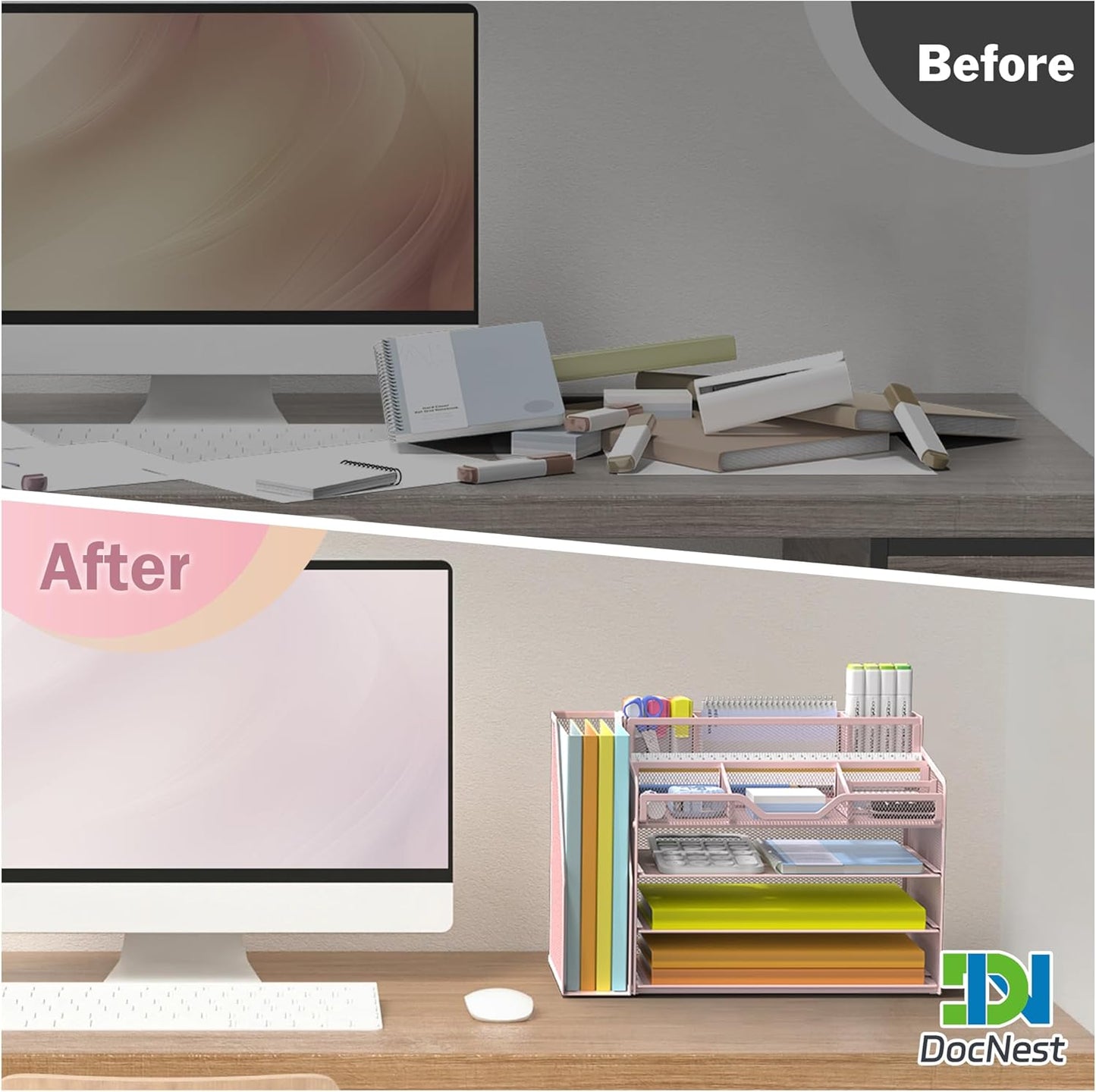 Docnest 4 Tier Mesh Desk Organizer with File Holder – Multi-Functional Paper Letter Tray with 5 Adjustable Compartments, 3 Pen Holders, Desktop Storage for Files, Mail, Stationery – Pink