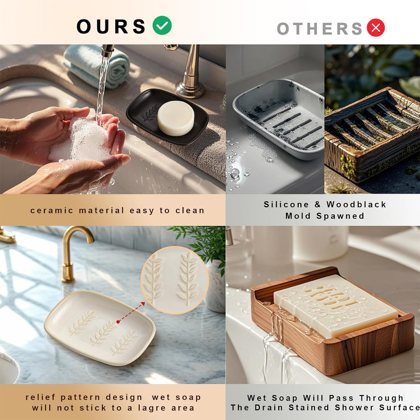 Ceramic Soap Dish for Bathroom, Bar Soap Holder with Elevated Ridges - Keeps Soap Dry, Premium Porcelain Dish, Elegant Modern Decor for Vanity Sink, Shower (Beige)