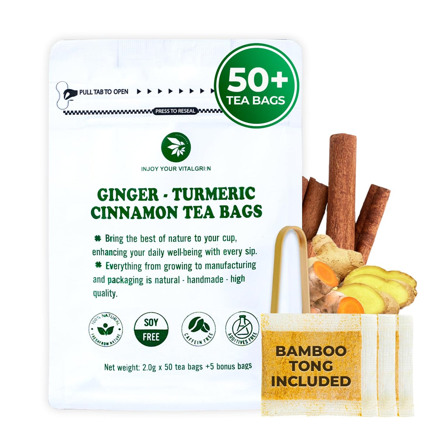 Ginger Cinnamon Turmeric Tea Bags with Bamboo Tong - 55 Count (+5 Count), 5.47 oz, Re-Steep Corn Based Tea Bags, No Sugar Added, Natural Herbal Tea for Body Warm, Relax, Refreshing