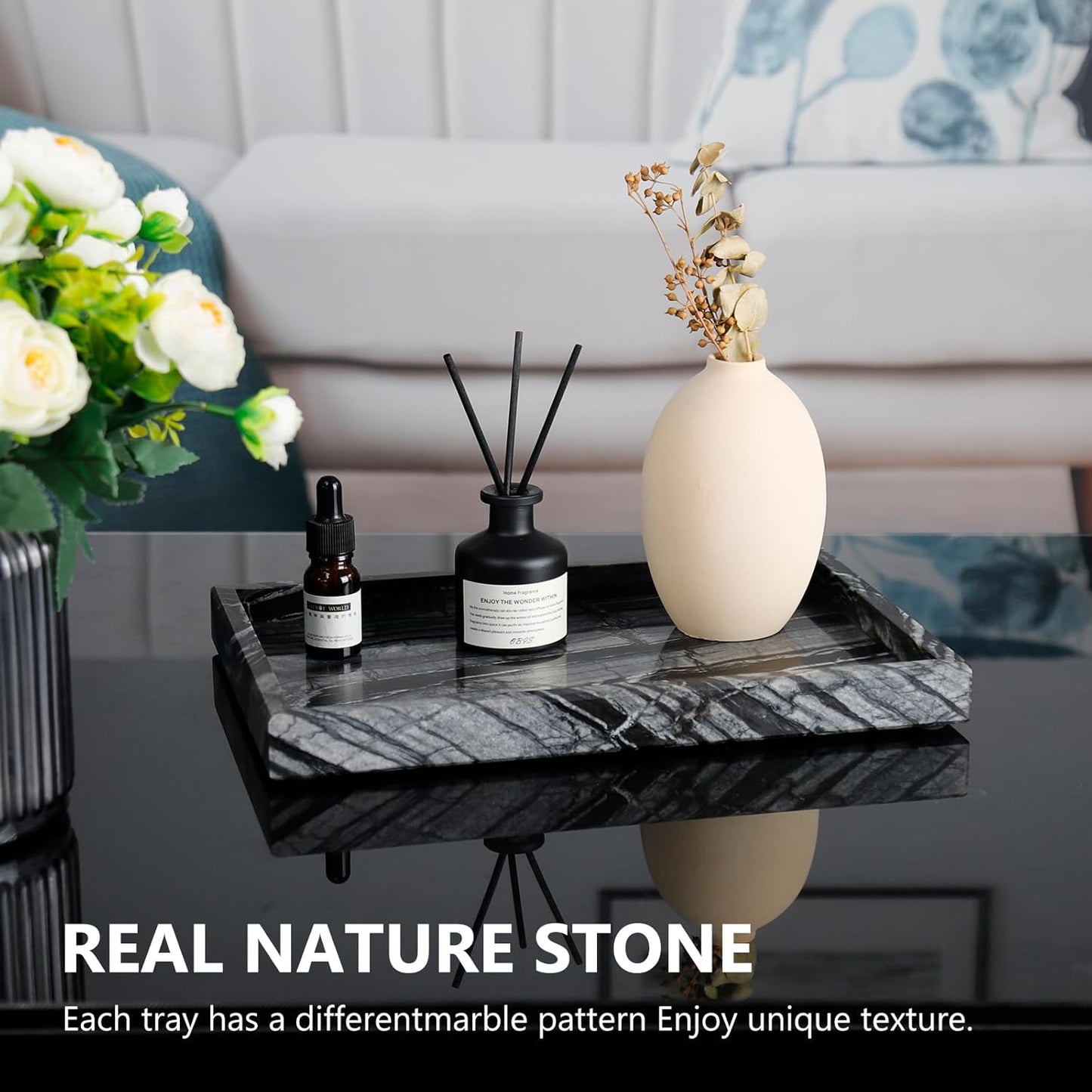 Real Natural Marble Tray for Bathroom, Vanity, Kitchen and Desktop, Rectangle Genuine Marble Stone Tray for Jewelry, Cosmetics, Candles, Lotion, Perfume and Home Decor Wood Grain