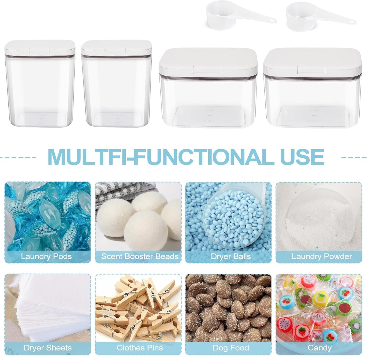 4 Pack Airtight Laundry Detergent Containers & Dryer Sheet Holder with Lids & Scoops, Stackable Laundry Room Organization and Storage for Scent Booster, Powder, Pods