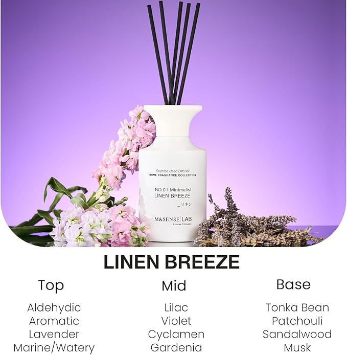 M&SENSE Minimalist Large Reed Diffuser 300ml, Linen Breeze Scented with Natural Essential Oils, Long Lasting with 7 Sticks, Non-Toxic Home Fragrance for Bedroom, Bathroom Decor