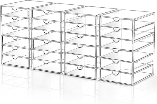 Makeup Drawer Storage Organizer with 24 Drawers, 4 Set Acrylic Office Desk Organization and Storage, Dustproof Drawer Organizer for Makeup, Office, Countertop, Jewelry, Pen, Desktop, Bathroom, Bedroom