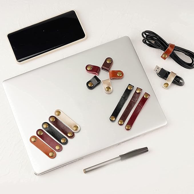 20 Pack Leather Cable Straps Cord Organizers Leather Cable Ties Cord Snap On Cable Holders Keepers For Travel, USB Charging Cable Management Winder Earphone Wrap, Gifts for Women Men