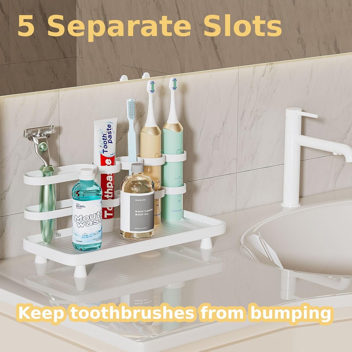 Electric Toothbrush Holder for Bathroom Countertop 5 Metal Slots Toothpaste Razor Mouthwash Organizer, White