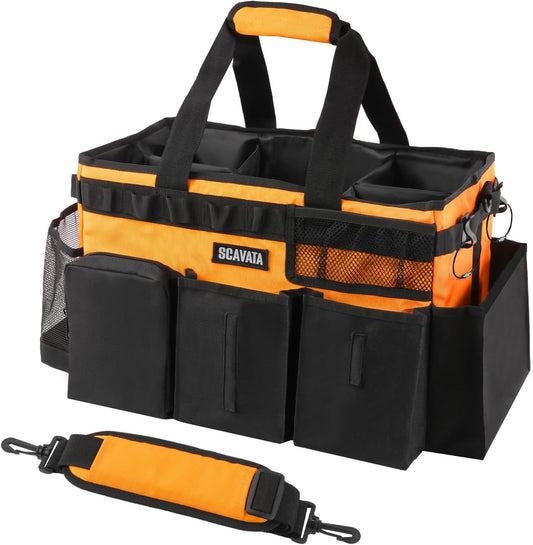 Wearable Cleaning Caddy Bag, Cleaning Caddy Supplies Organizer with Handle & Shoulder Straps for Housekeepers, Under Sink & Car Cleaning Tool Organizers with 4 Foldable Divider (Orange)