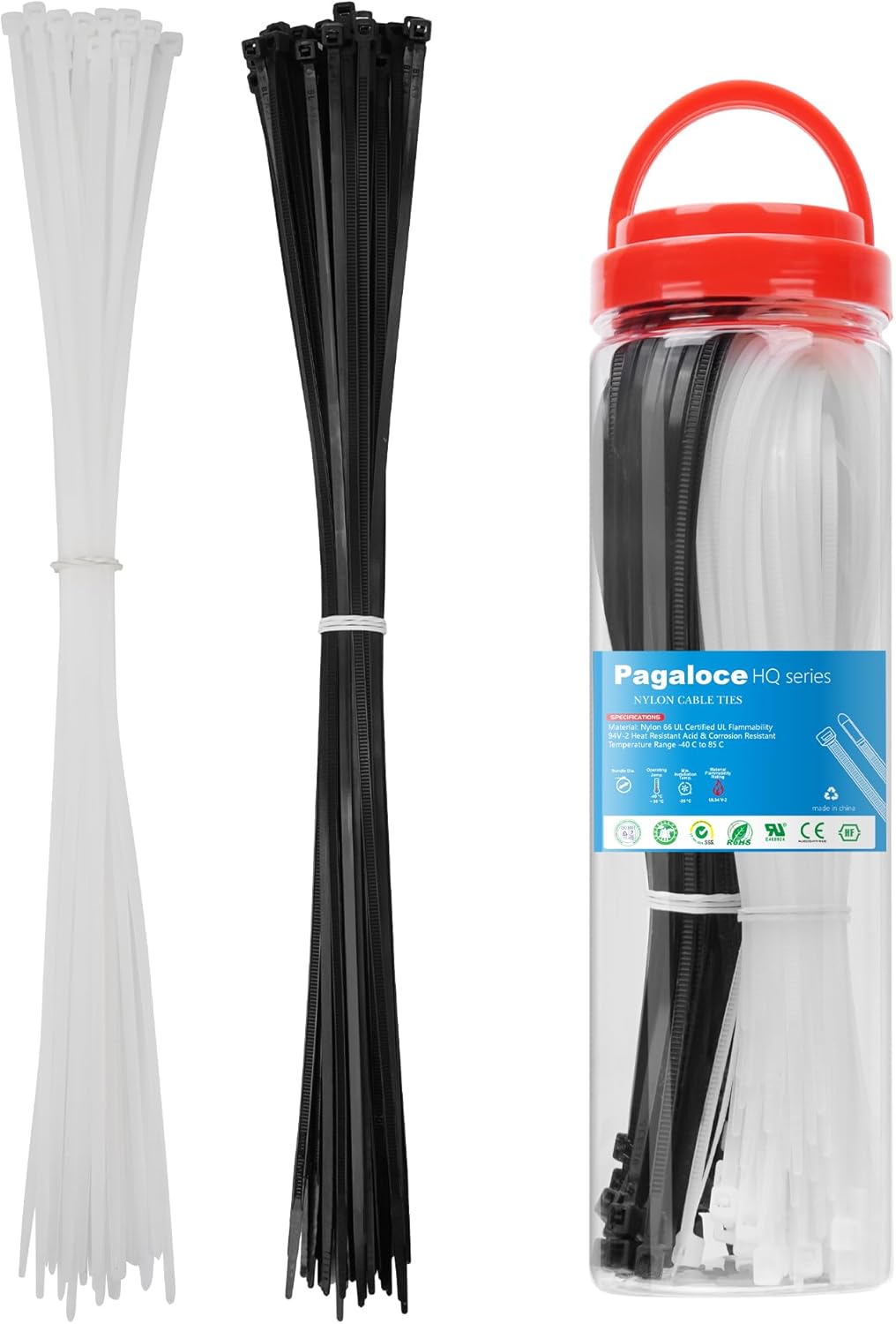 100 Pack Zip Cable Ties (Black and White, Each 50pcs), 14 Inch Self-Locking Nylon Zip Ties, Cable Cord Management, Plastic Wire Ties, Size: 3.4mm*370mm, UV Resistant, UL Listed, for Indoor and Outdoor