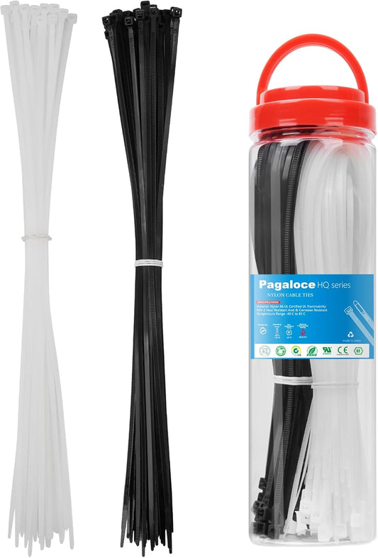 100 Pack Zip Cable Ties (Black and White, Each 50pcs), 14 Inch Self-Locking Nylon Zip Ties, Cable Cord Management, Plastic Wire Ties, Size: 3.4mm*370mm, UV Resistant, UL Listed, for Indoor and Outdoor