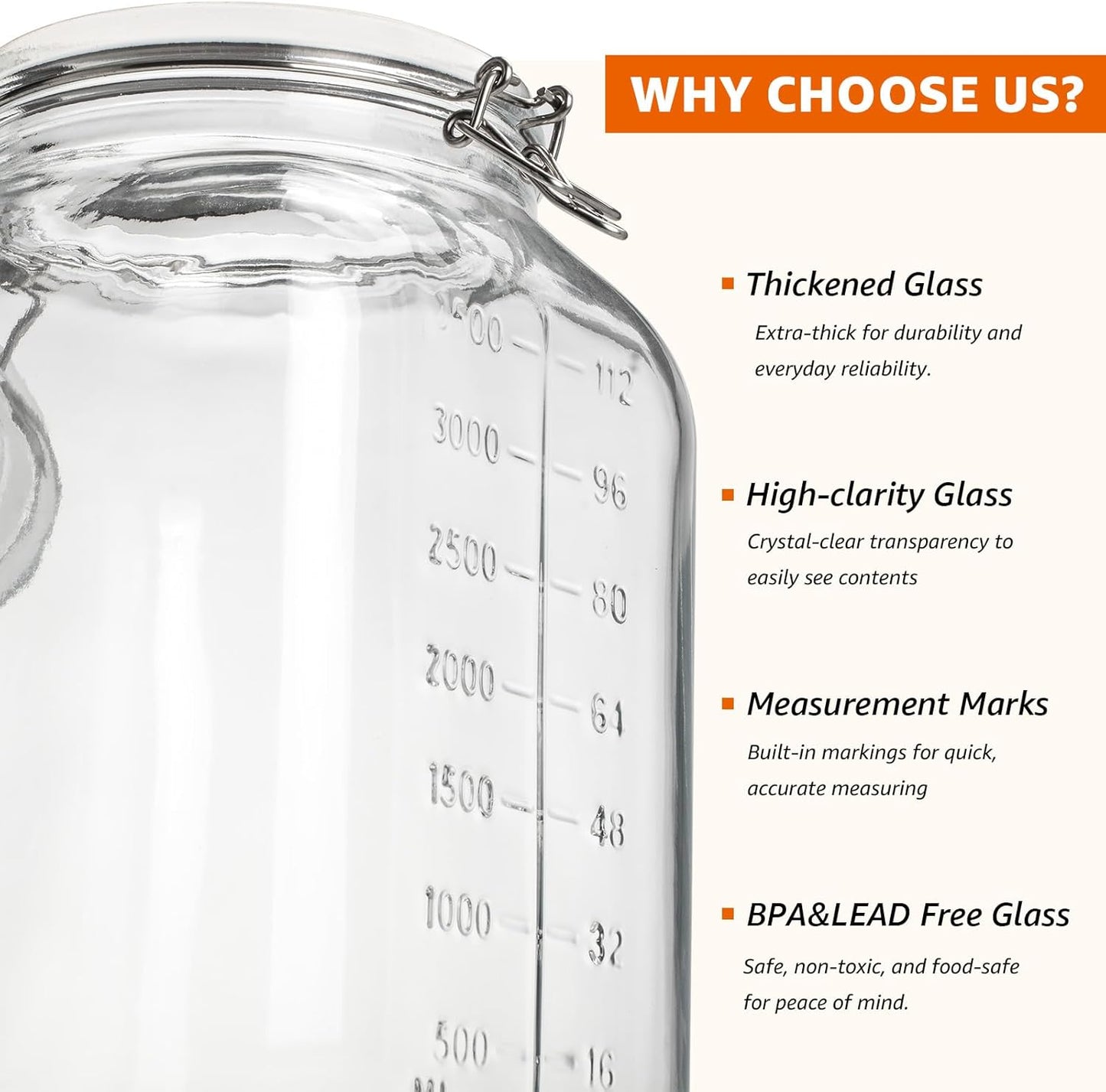 2 Pack 1.1 Gallon Square Super Wide Mouth, Airtight Glass Storage Jars, with Measurement Marks, Leak-Proof Lids for Kitchen Pantry, Canning, Dry Food (Flour, Sugar) & Drinks