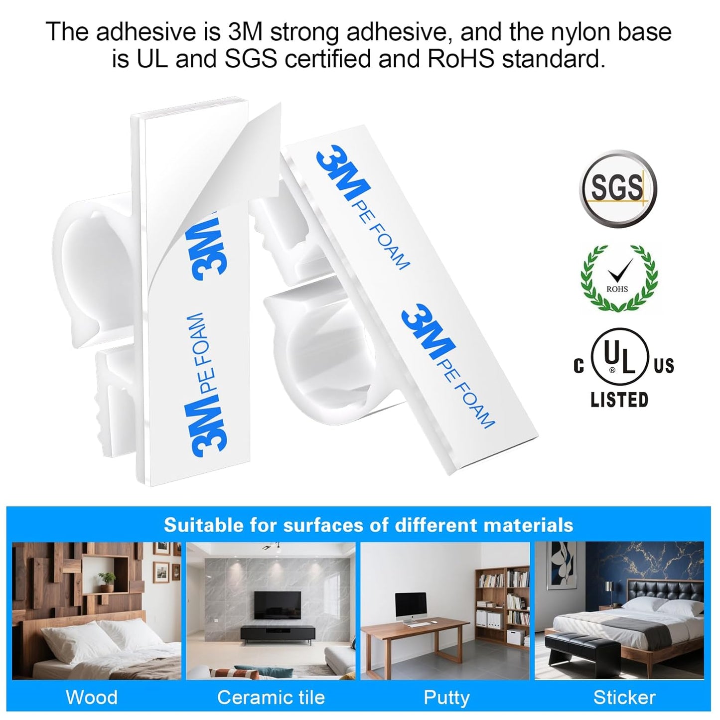 XHF 100pcs Adhesive Cable Wire Clips White, Outdoor Cable Management Wire Organizer Cord Holder for Under Desk, Car, Wall, TV PC Ethernet Cable