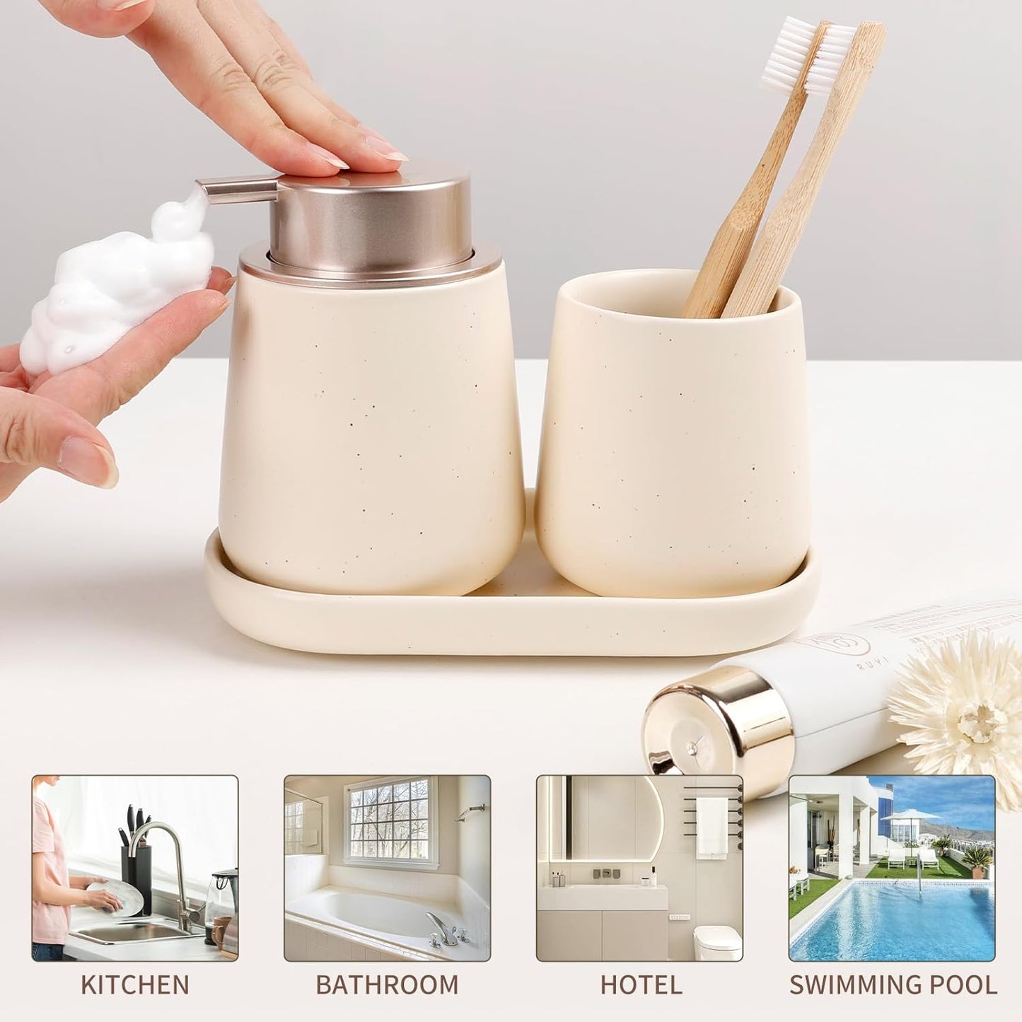 BosilunLife Bathroom Accessories Set 3 pcs - Bathroom Ceramic Foaming Soap Dispenser Set Farmhouse Bathroom Decor, Foam Soap Dispenser and Toothbrush Holder with Tray