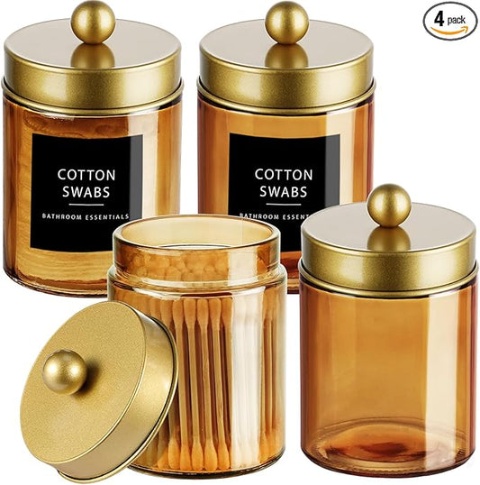 Amolliar Bronze Glass Apothecary Jar, Qtip Holder Metal Lid & Stickers, Bathroom Qtip Dispenser Storage Canister, Perfect for Cotton Balls, Cotton Swabs, Makeup Pads, Bath Salt, Floss, 4 Pack (Gold)