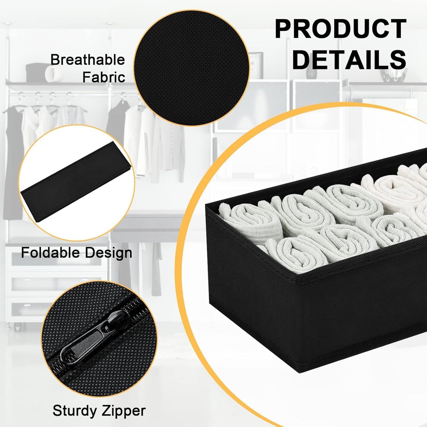 DIMJ Drawer Organizers - Set of 8 Foldable Closet Dividers for Baby Clothes, Socks, Belt, Tie (Black)