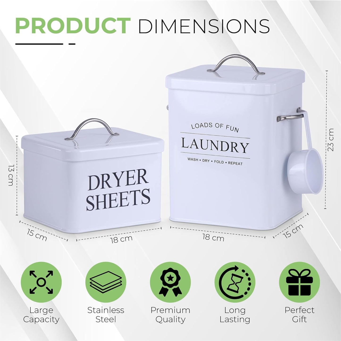 2 Pack Laundry Detergent Container and Dryer Sheet Holder Dispenser with hermetic seal,Farmhouse Laundry Room Organization Containers, Large Metal Laundry Detergent Powder Storage with Scoop