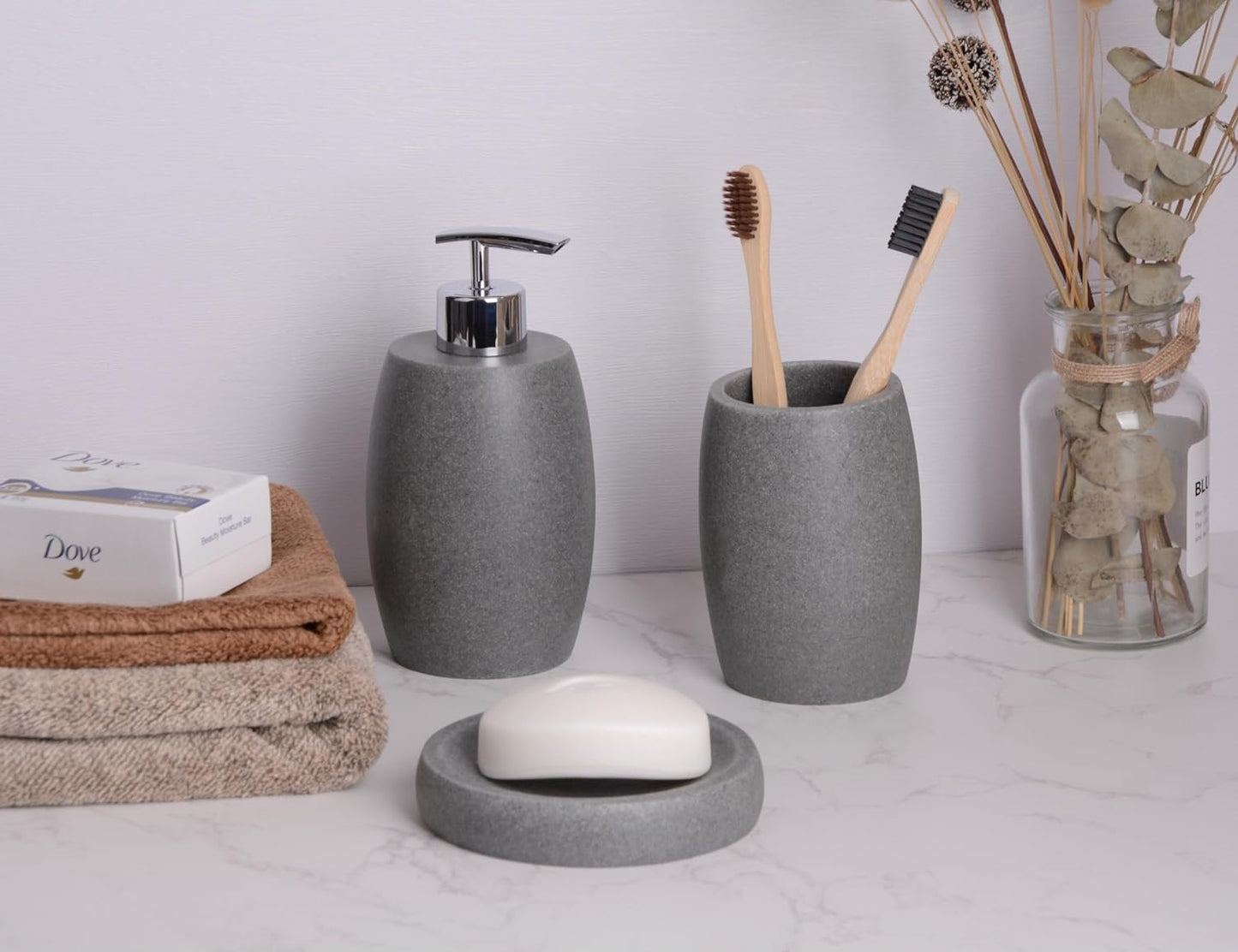 Grey Bathroom Accessories Set 3 PC, Resin Sandstone Look Soap Dispenser, Toothbrush Cup, Soap Dish, Bathroom Soap Dispenser Set for Home Decor and Kitchen