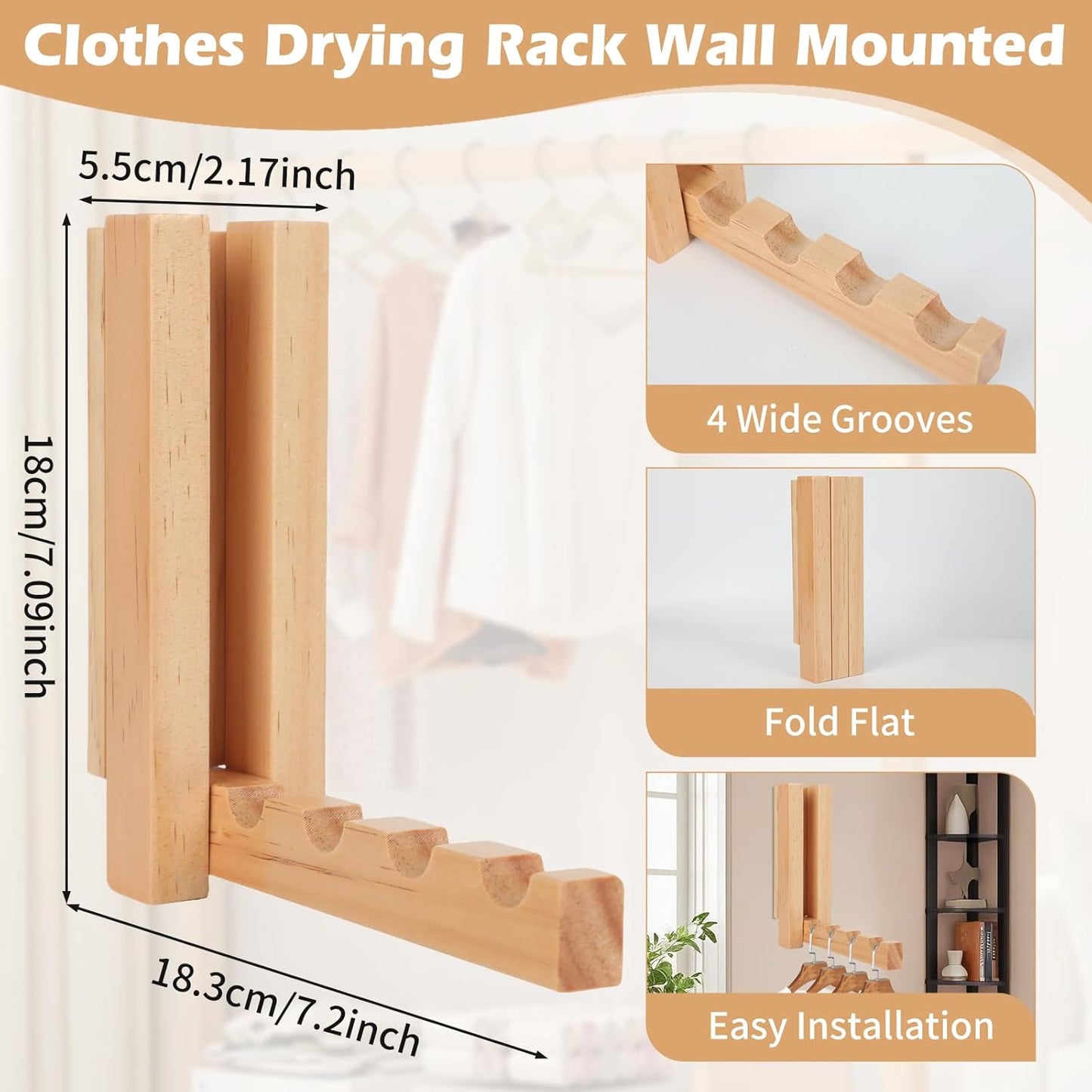 Clothes Drying Rack Wall Mounted, Wood Folding Clothes Hanger Rack for Laundry Room, Laundry Drying Rack Wall Mount, Multifunctional Organizer for Hanging Decor, Bathrooms, Home Storage