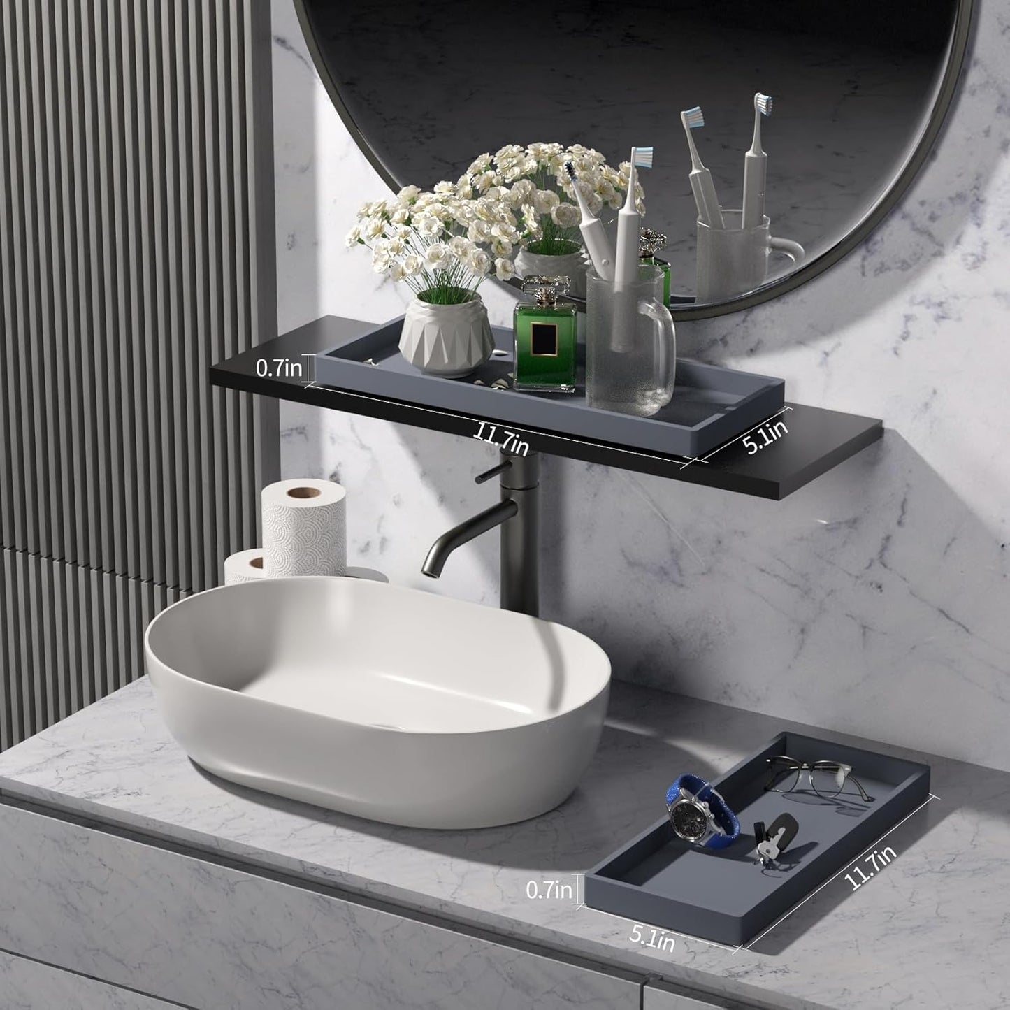 BBK Bathroom Trays 2 Pack (Large, Gray) - Silicone, Rectangular, Dishwasher Safe - Organize Toiletries & Grooming Products
