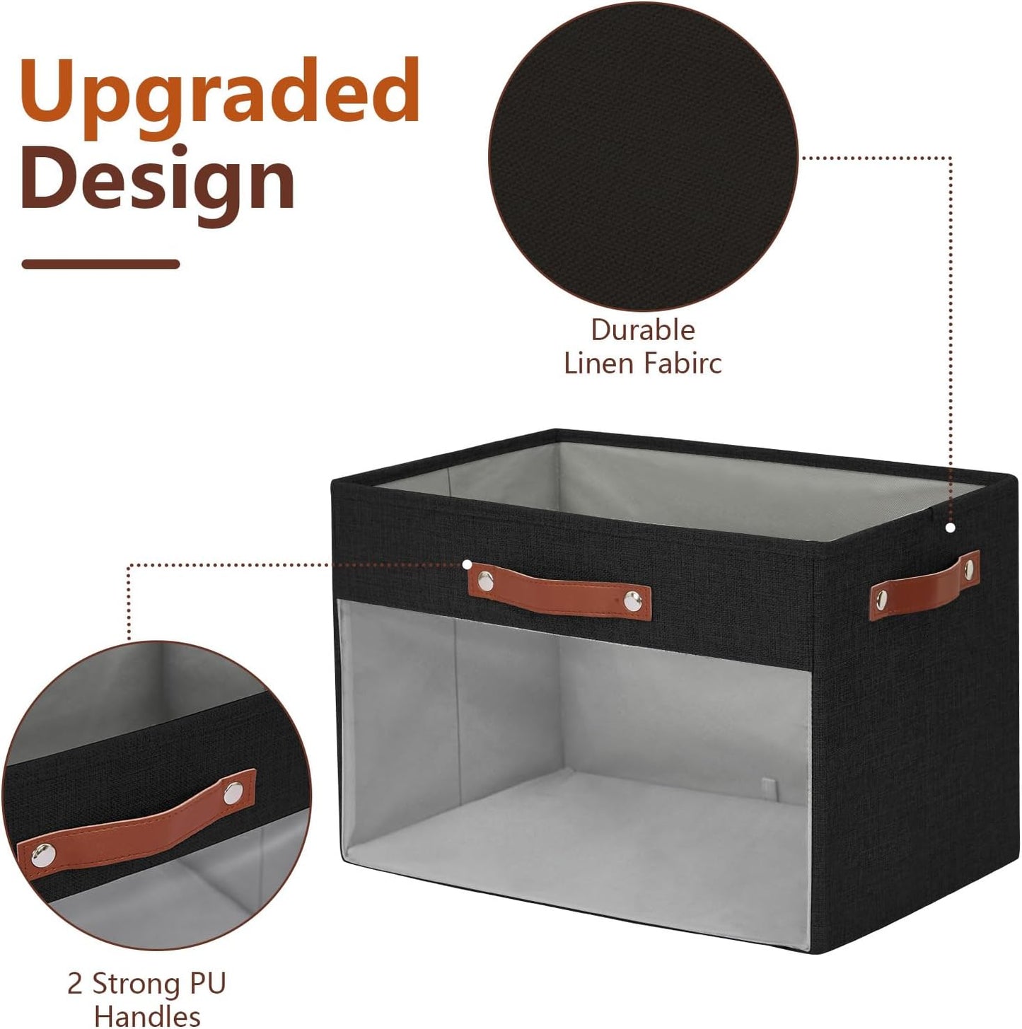 Extra Large Storage Baskets with Clear Window, See Through Closet Organizer with PU Handles, Linen Foldable Storage Bins for Organizing Clothes, Toys, Books (Black)