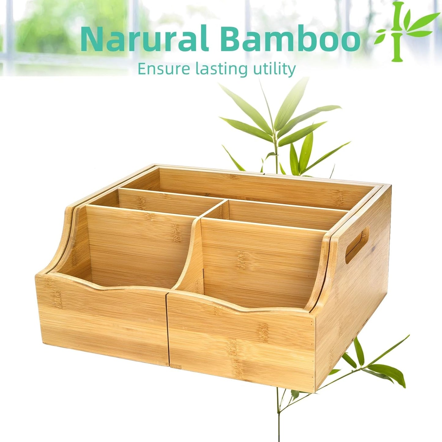 Coffee Station Organizer for Countertop, Bamboo Coffee Bar Condiment Organizer, Extendable Tea Condiment Storage for Bar Decor, Kitchen, Office, 7 Compartment