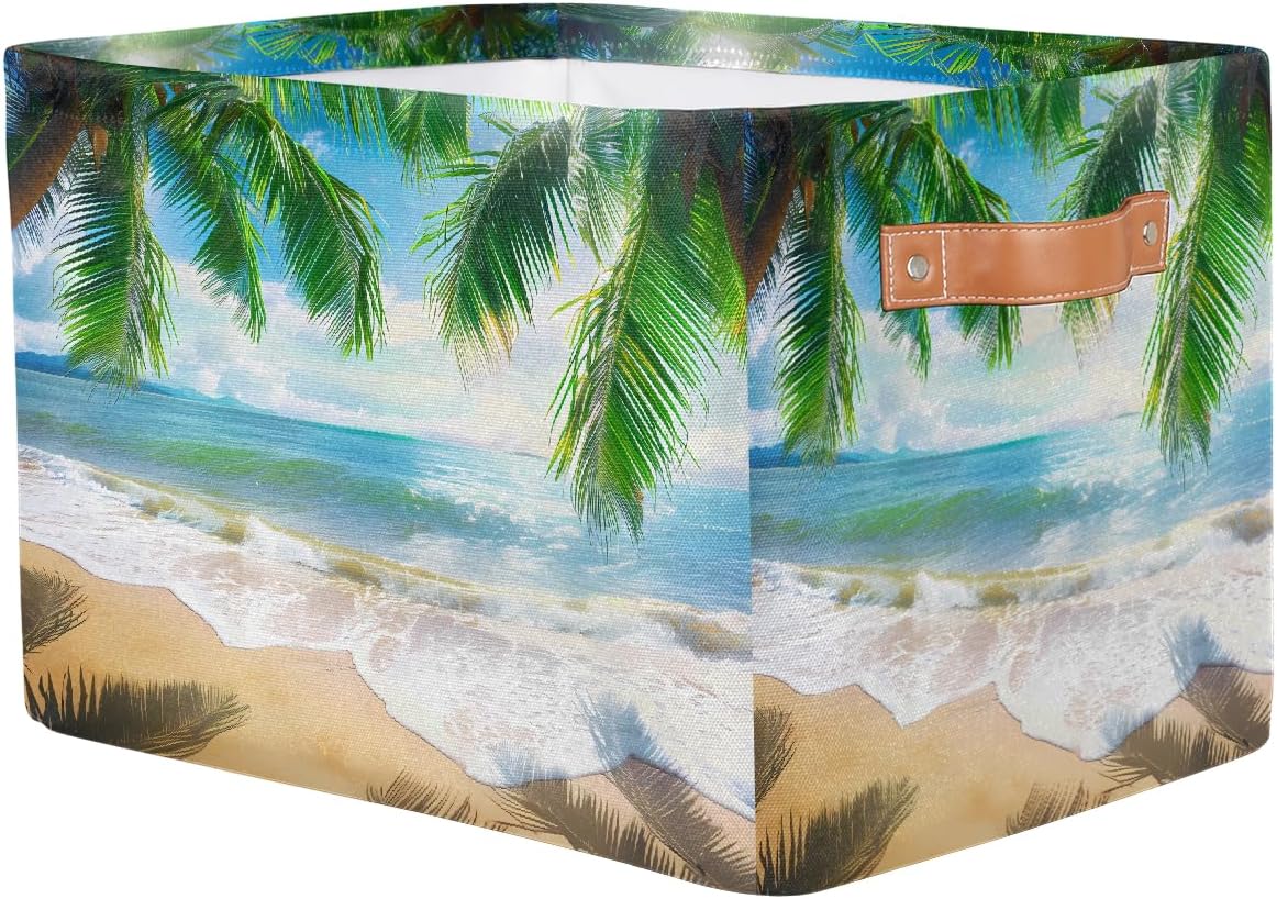 Beach Tropical Coconut Tree Storage Basket for Shelves, Storage Bins with Handles, Collapsible Basket for Organizing, Closet Toy Baskets for Nursery Room, 15x11x9.5 in, Canvas, Summer Beach