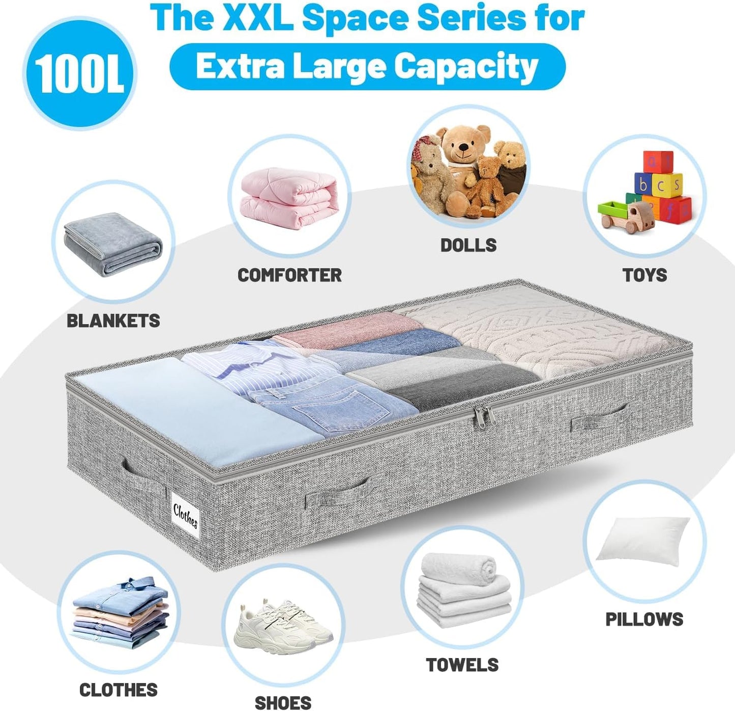 4 Pack 100L Under Bed Storage Containers, Low Profile Closet Organizers and Storage Bins for Dorm, Foldable Underbed Bag for Clothes, Blanket, Sheets, Wrapping Paper, Clear Window & Dual Zippers, Grey