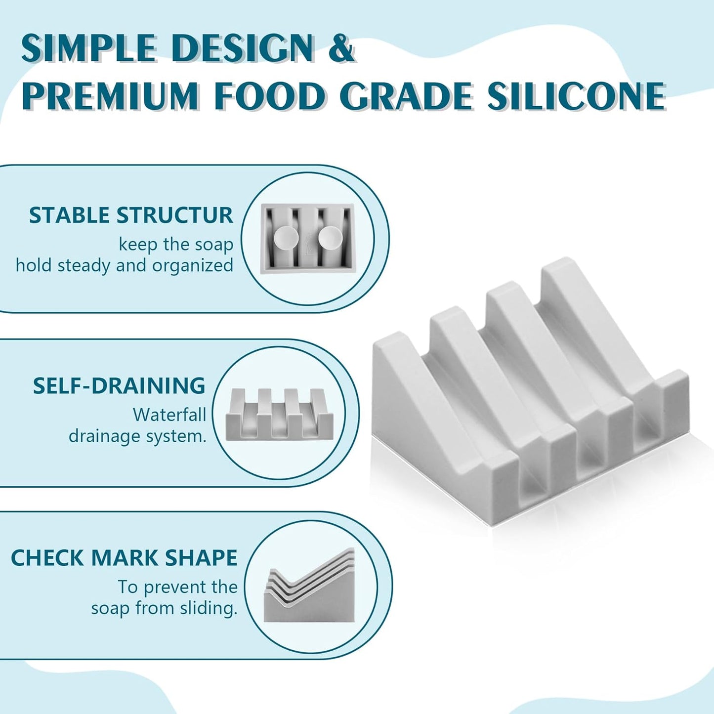 Self Draining Soap Dish,Silicone Suction Cup Soap Holder, Bathroom Soap Dish for Bar Soap,Can Extend Soap Life,Bathroom, Bath Tub, Kitchen Sink (4, Light Grey)