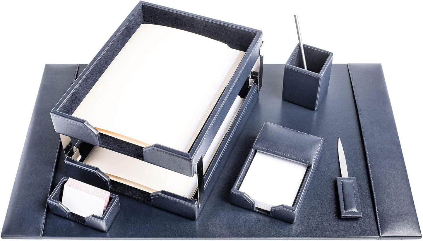 DACASSO Bonded Leather Desk Set - Luxury Leather Desk Pad & Desk Organization Essentials (Navy Blue, 8 Piece)