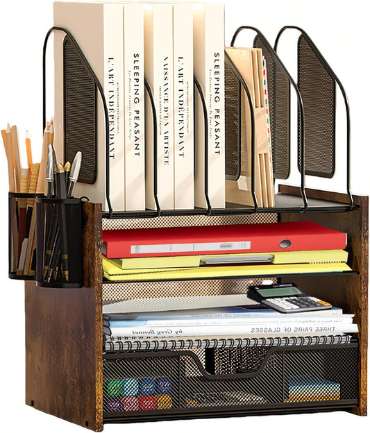 Wood Desk Organizer - 4-Tier Desktop File Organizer with Drawer, Wooden Paper Tray, Vertical File Holders & 2 Pencil Holders - Office Desk Organizer for Papers, Mail, Notebooks, Stationery