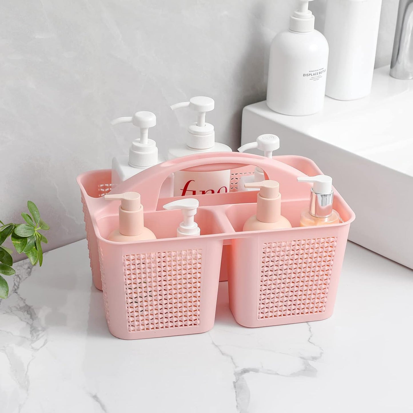 UUJOLY Plastic Portable Shower Caddy Basket Bucket, Cleaning Shower Basket with Handle Compartments Storage Basket Organizer for Bathroom Kitchen College Dorm Sink, Pink