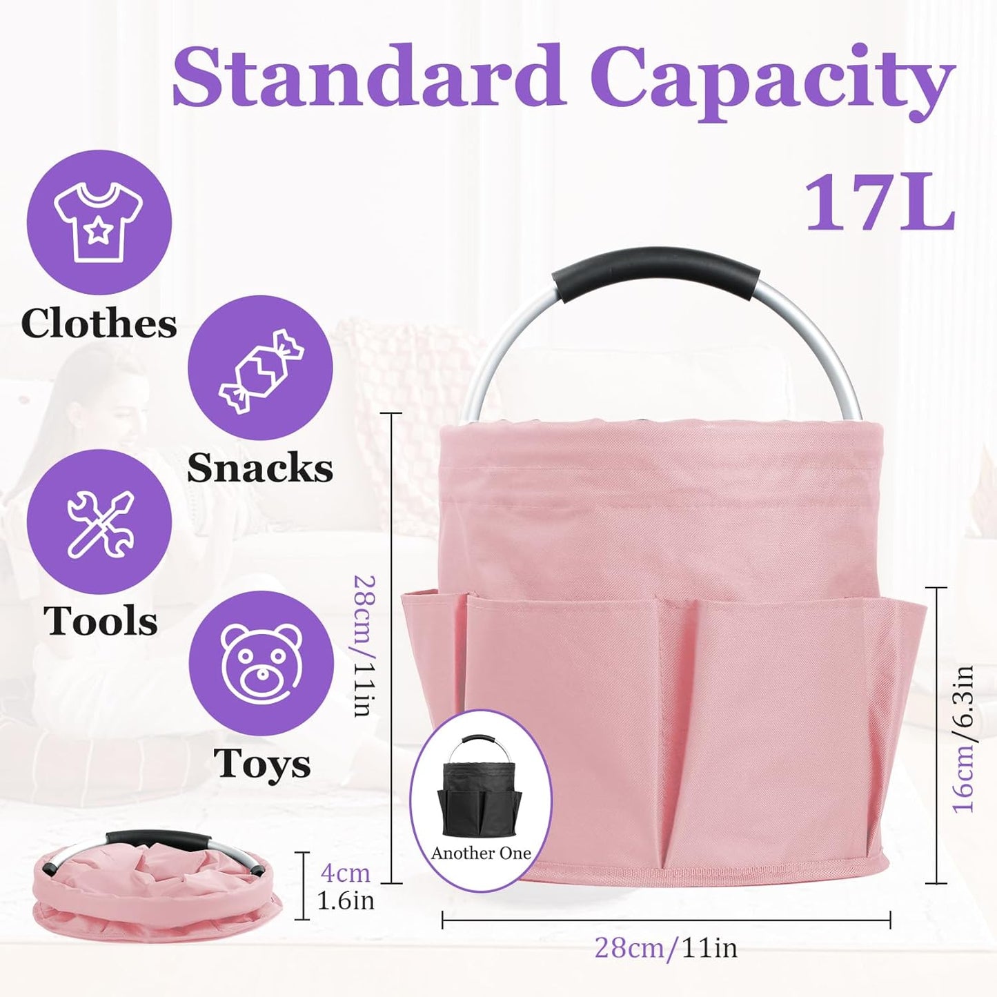 2Pack 17L Foldable Cleaning Supply Caddy for Family, Portable Shower Caddy with Handle and Pockets, Garden Tool Bag in 600D Oxford Fabric, Large Storage Basket for Dorm, Travel, Black + Pink