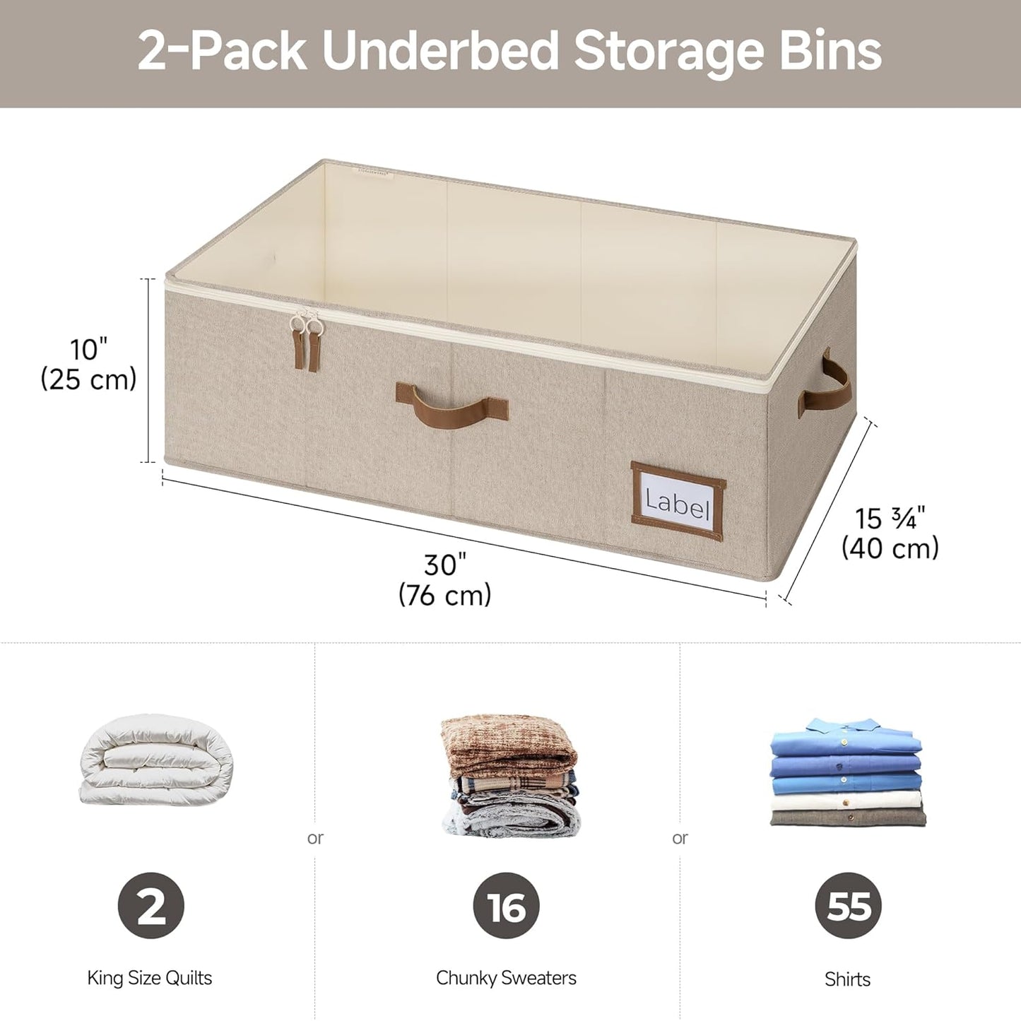 StorageWorks Under Bed Storage Bins, 10'' Underbed Storage Containers with Lid, 90L Clothes Organizer for Bedding, Blankets, Sweaters, Shoes, 2-Pack