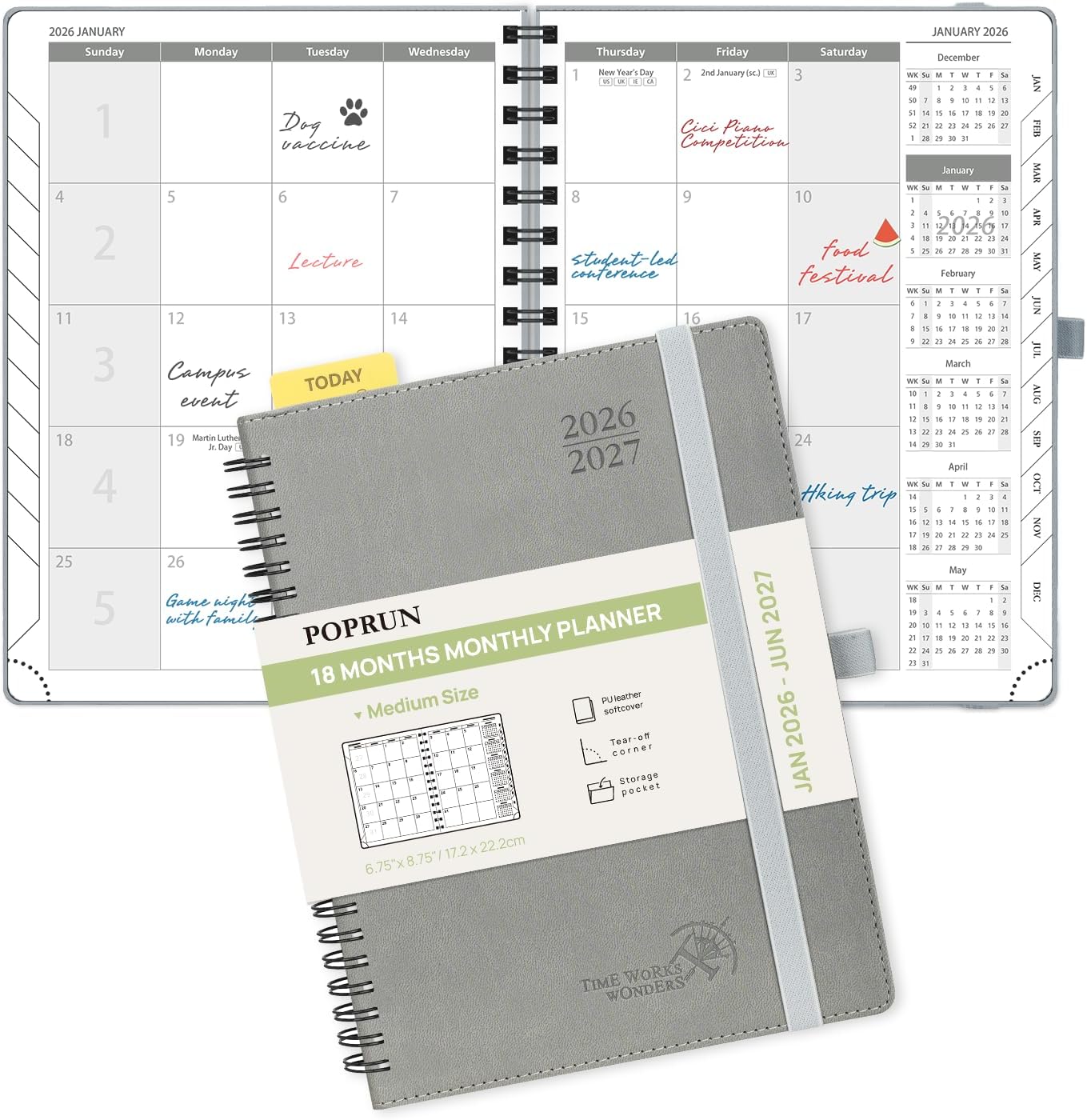 POPRUN Monthly Planner 2026-2027 (Medium 6.5" x 8.5") 18 Months Calendar (Jan 2026 - Jun 2027) - 4 Pages per Month with Expense & Notes, Stair-like tabs, Leather Cover, Sunday Starts - Grey