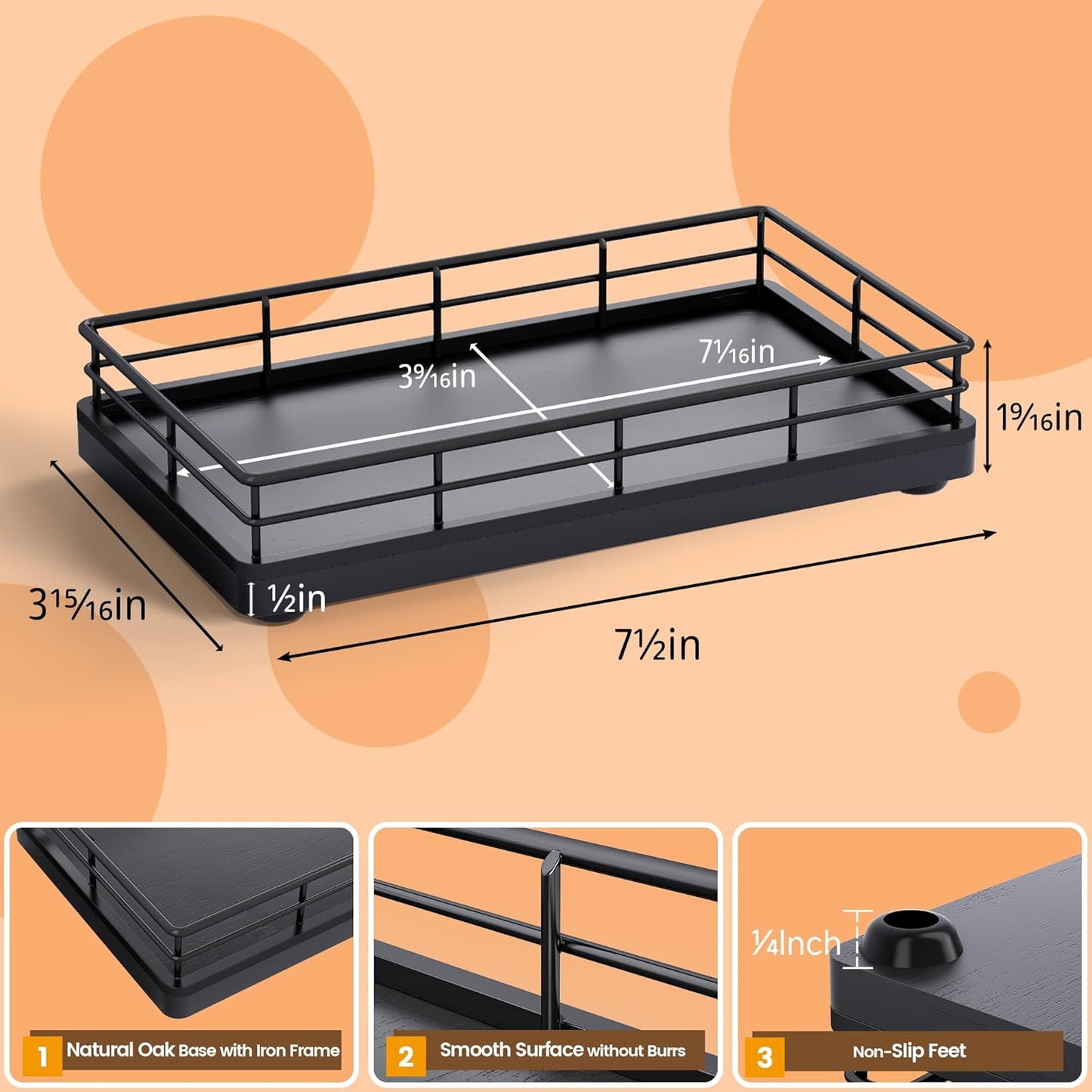 Bathroom Tray for Counter, Oak Wooden 7.5" L Decorative Vanity Tray for Dresser Tops Perfume Jewelry Makeup Candle Soap Sponge Holder for Kitchen Countertop Organizer Coffee Table Decor Bar Black