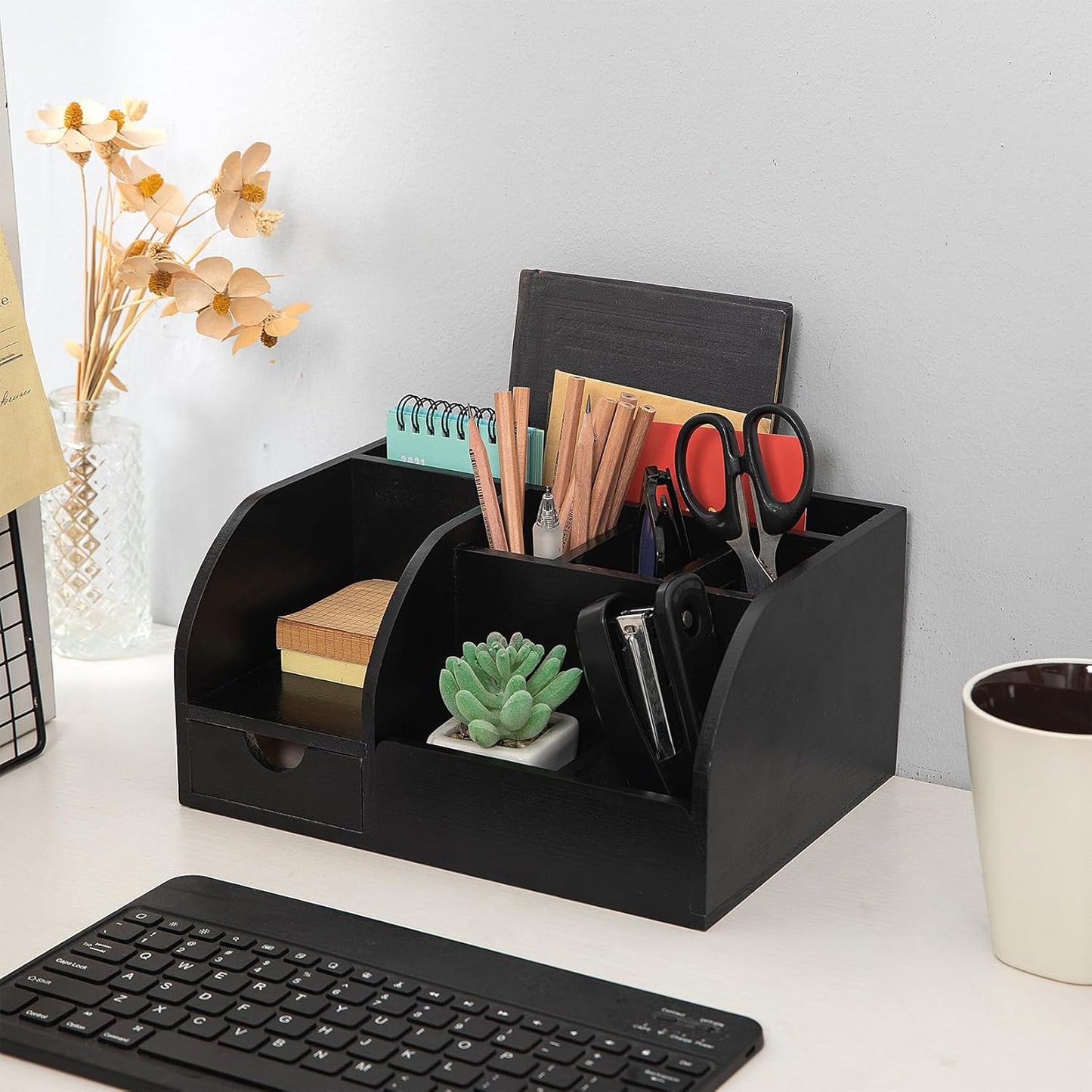 Office Desk Drawer Supply Organizer and Accessories, Wood Desk Organizer with 6 Compartments & 1 Drawer Binders Folder Papers Holder Pen Holder Office Desktop File Organizer (black)