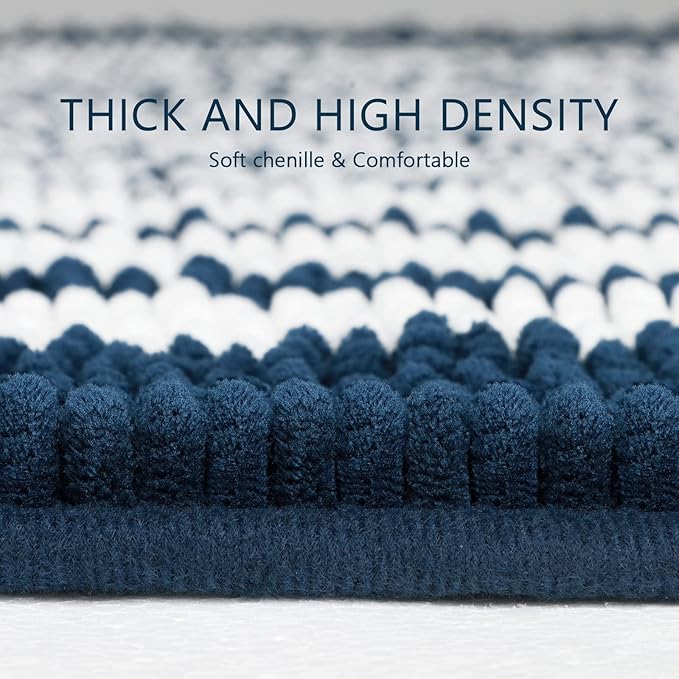 Tindbea Bathroom Rugs Set 2 Piece, Extra Soft and Absorbent Fluffy Striped Chenille Bath Mat Rug Set, Non Slip Bathroom Floor Mat, Machine Washable (20" x 32" Plus 20" x 32", Navy Blue)