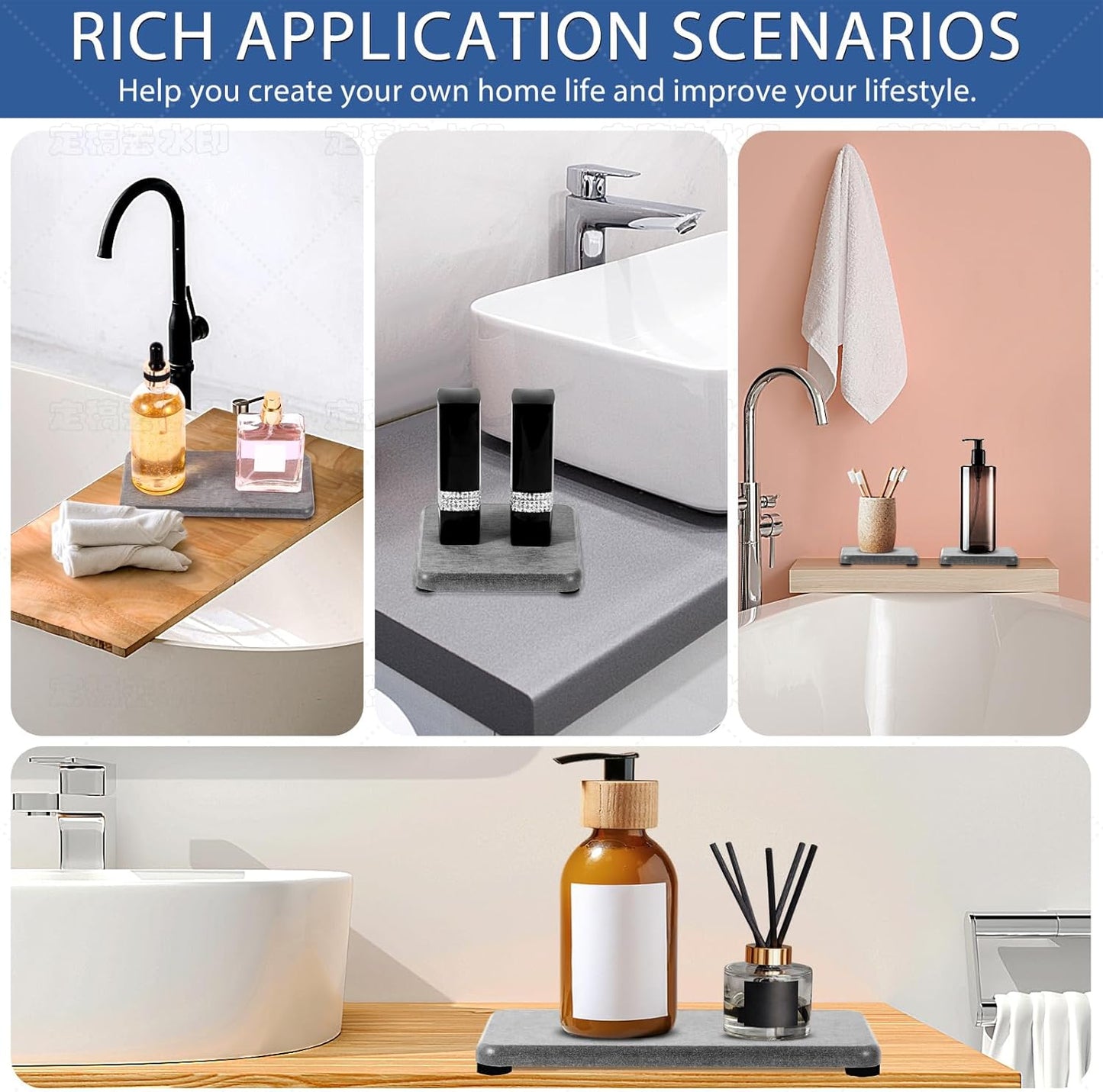 4PCS Water Absorbing Stone Tray, Stone Drying Tray for Bathroom Sink and Kitchen Counter, Fast Drying Diatomite Sink Coasters, Diatomaceous Coaster, Soap Dish Holders