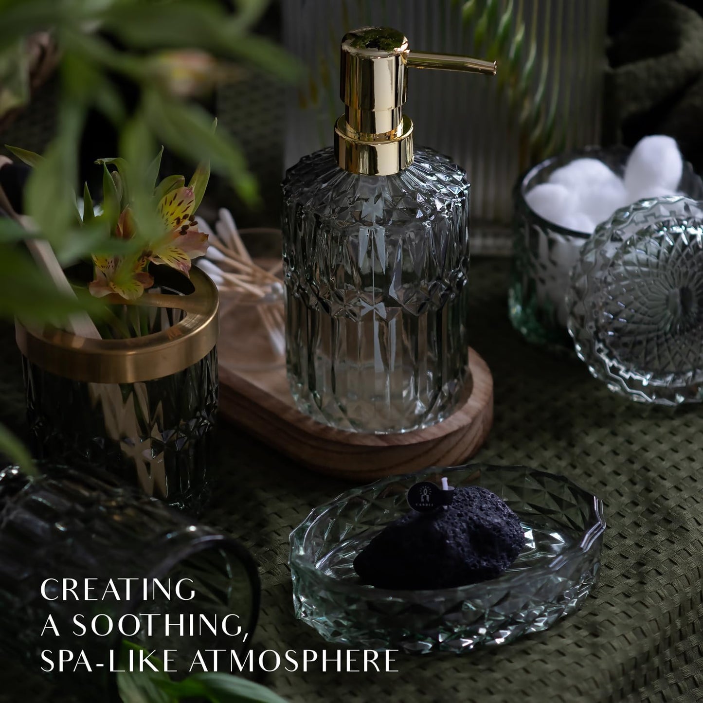 EMPO 6PCS Bathroom Clear Glass Accessories Set (Lotion Soap Dispenser, Soap Dish, Toothbrush Holder, Tumbler, Cotton Swab Jar), Contemporary Modern Decor Crystal Vintage Gift (6pcs Green)