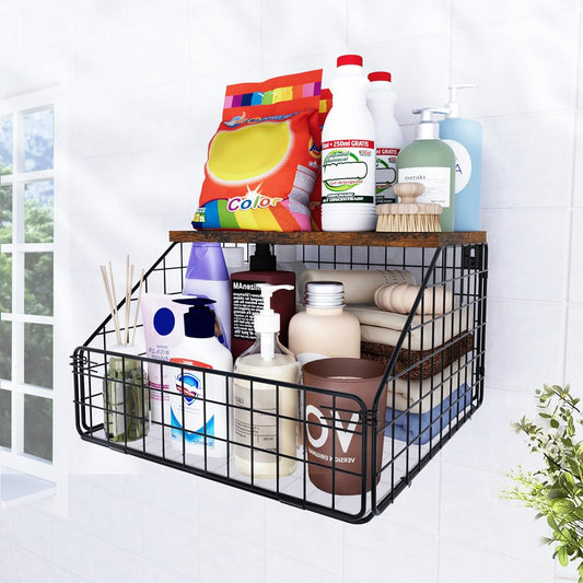 Laundry Room Shelves Wall Mounted with Storage Basket - Farmhouse Stackable Wire Wall Shelves Organizer for Towels, Detergent, Tissues | Space-Saving Over Washer & Dryer(11.8" Wx12 Dx8.5 H)
