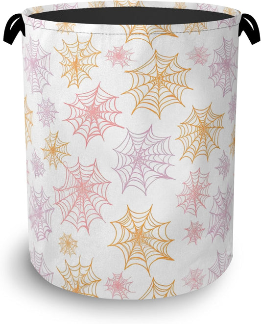 Colorful Spider Web Laundry Basket,Halloween Foldable with Handles Tote Bag Oxford Cloth for Bathroom Bedroom Dirty Clothes Storage Bucket 16" x 20.8"